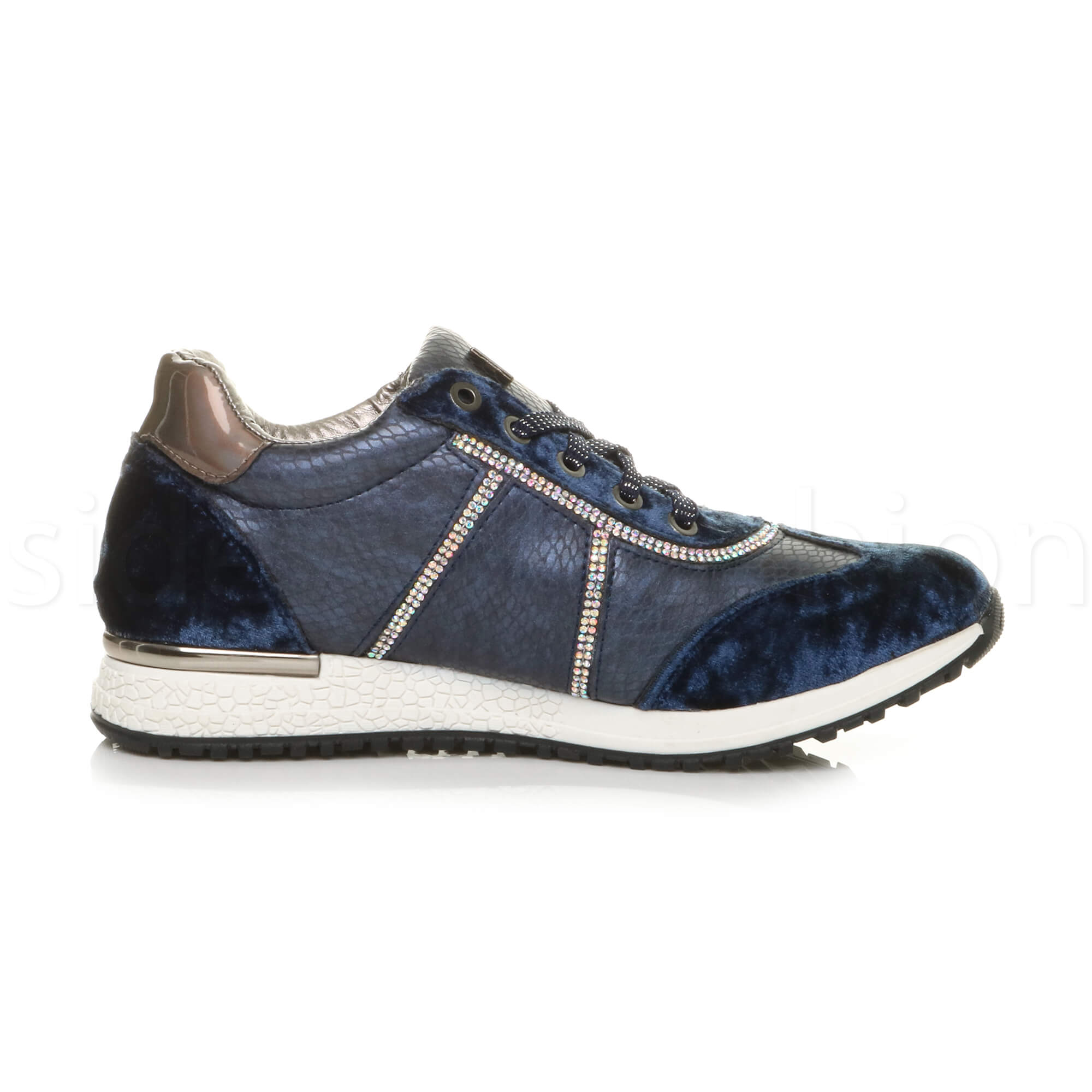 Womens ladies flat velvet diamante contrast snake lace up low top trainers size