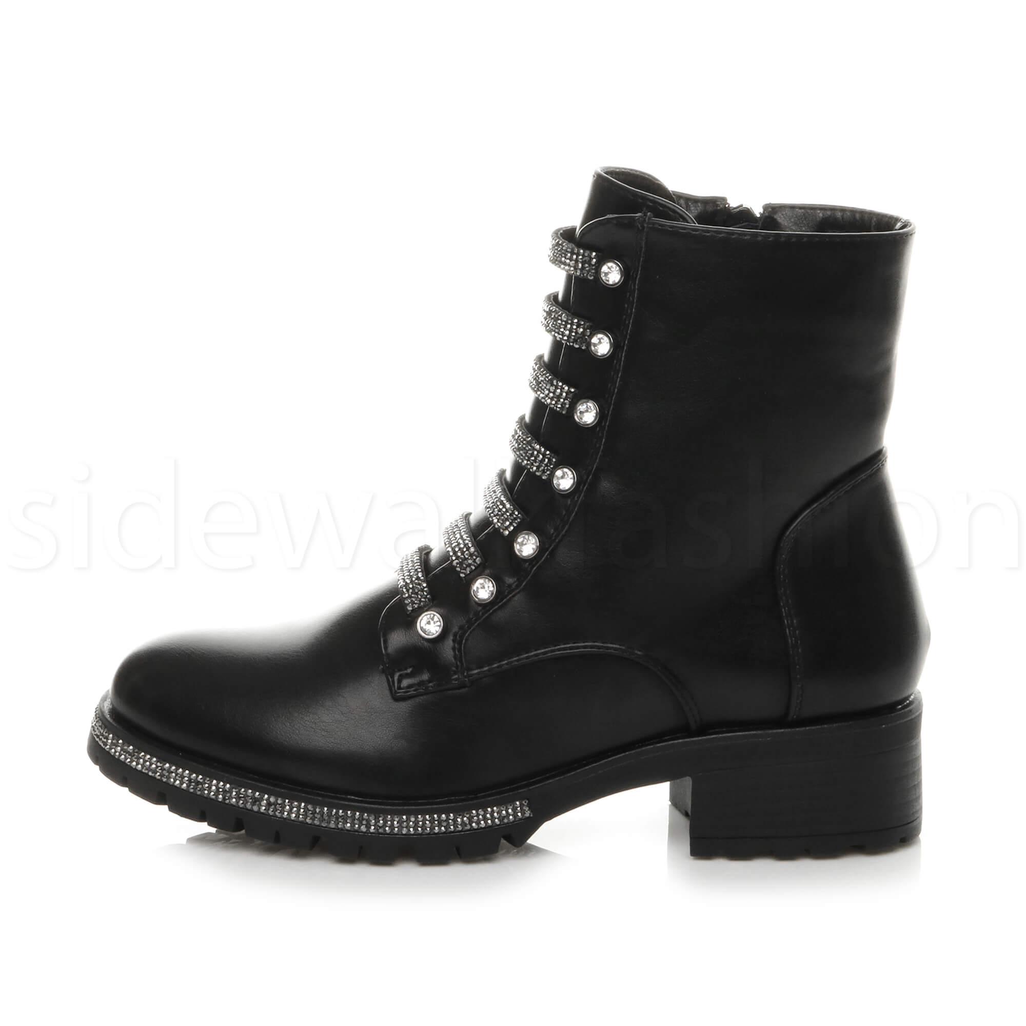 Womens ladies zip diamante straps chunky glam biker military ankle boots size | eBay