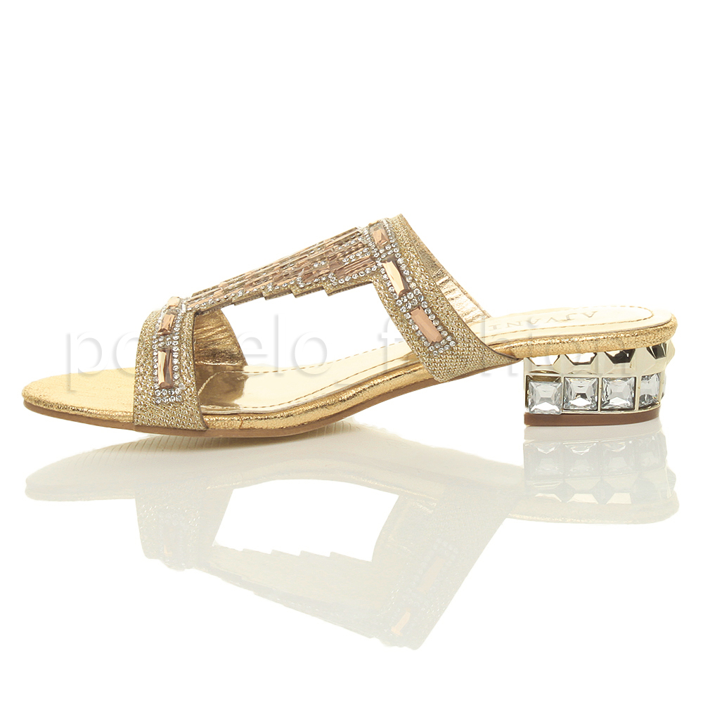 WOMENS LADIES LOW BLOCK HEEL DIAMANTE GEM EVENING MULES SANDALS FLIP