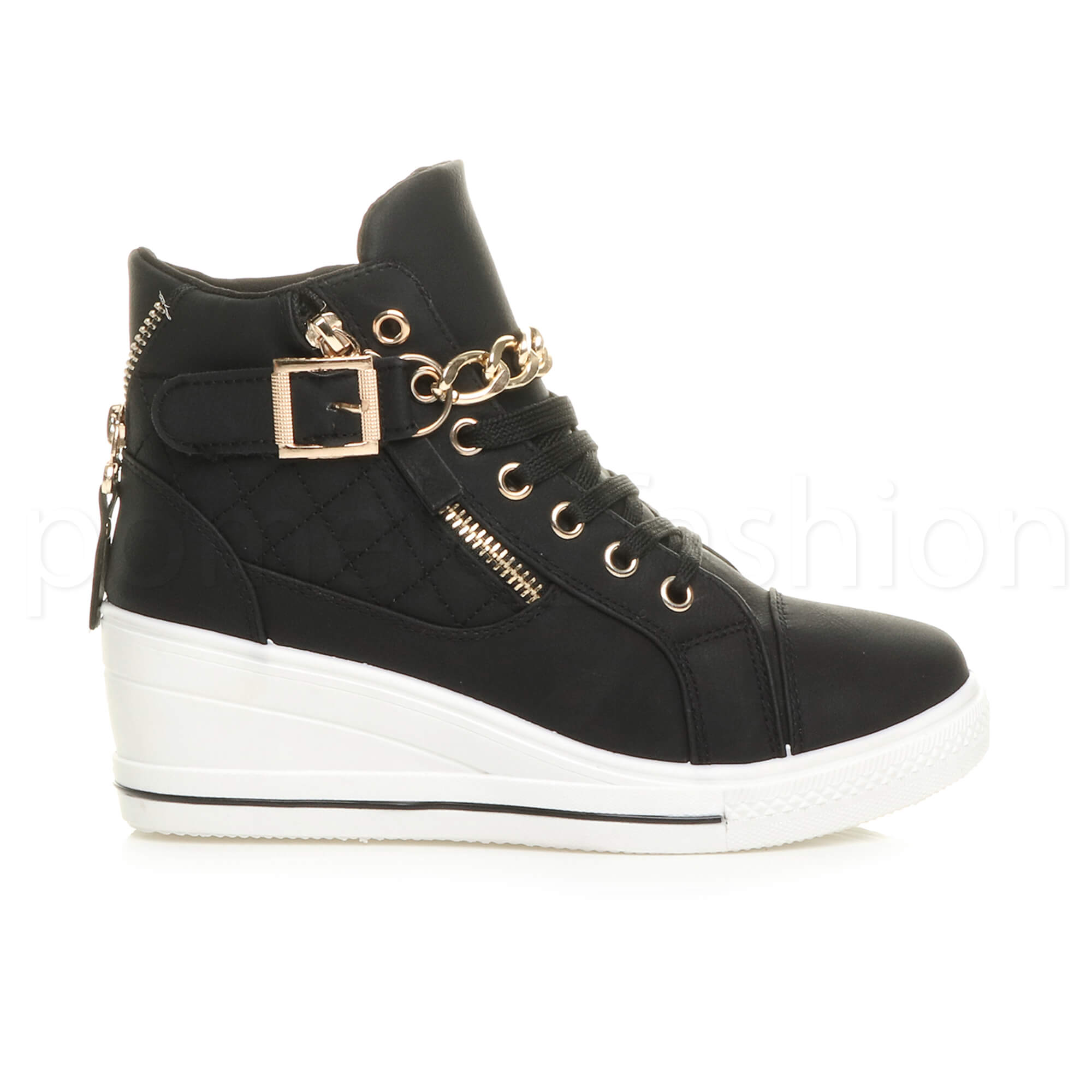 WOMENS LADIES DIAMANTE GOLD CHAIN POM POM HIGH TOP WEDGE TRAINERS ANKLE BOOTS | eBay