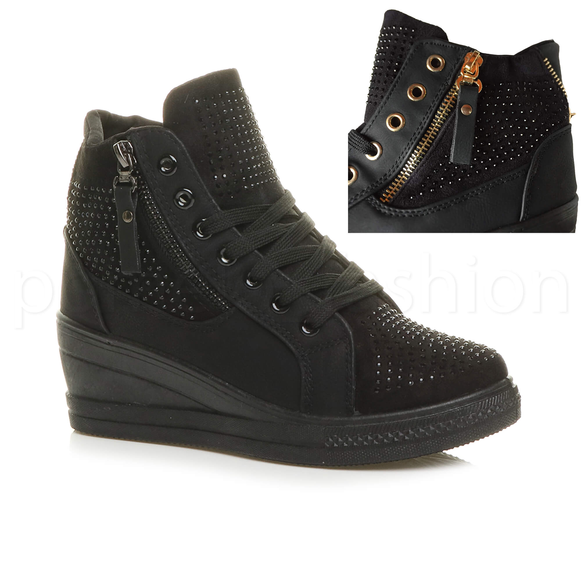 WOMENS LADIES DIAMANTE GOLD CHAIN POM POM HIGH TOP WEDGE TRAINERS ANKLE BOOTS | eBay