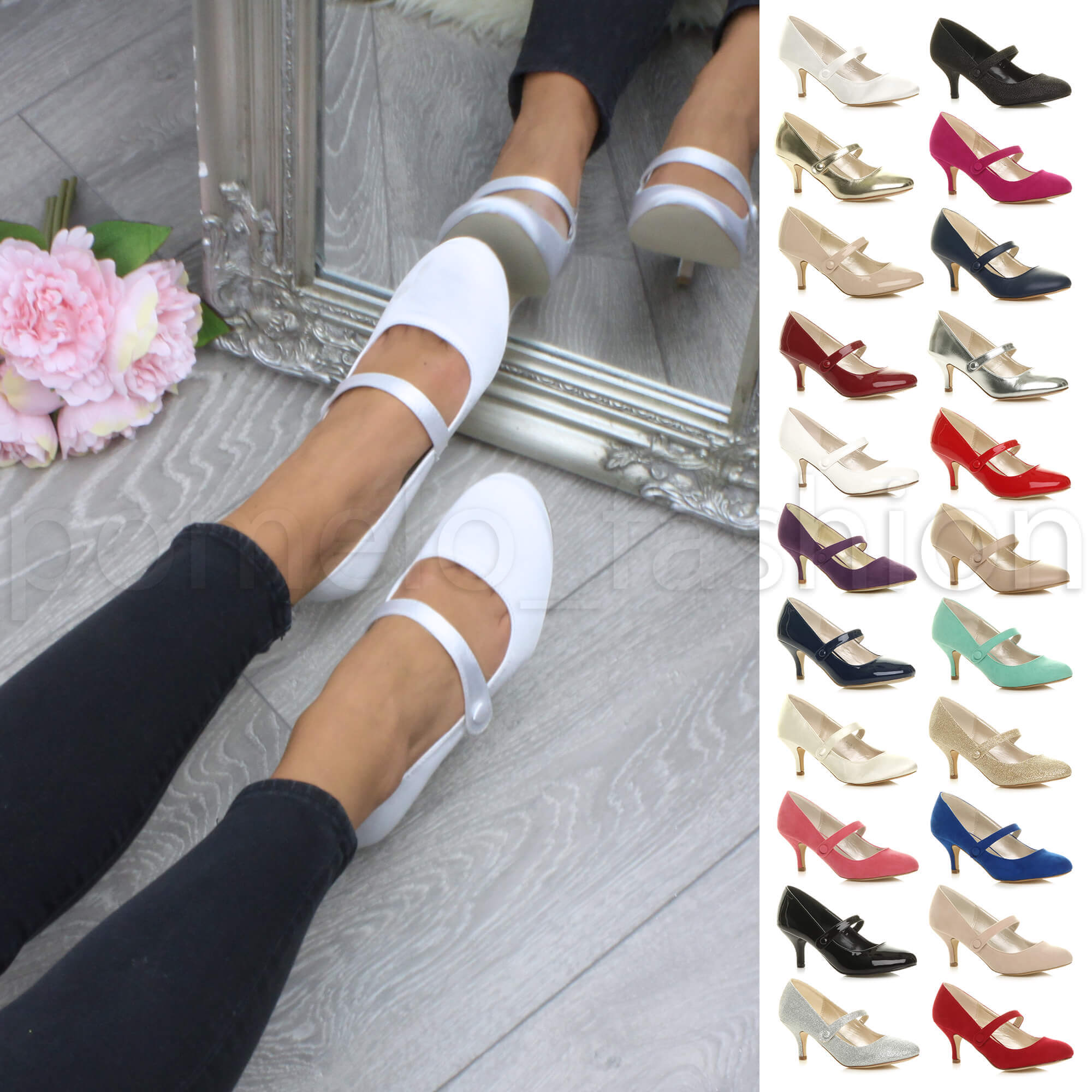 WOMENS LADIES LOW MID HEEL MARY JANE 