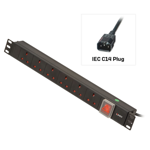 Lindy 1U 6 Way UK Sockets Horizontal PDU with IEC C14 Cable