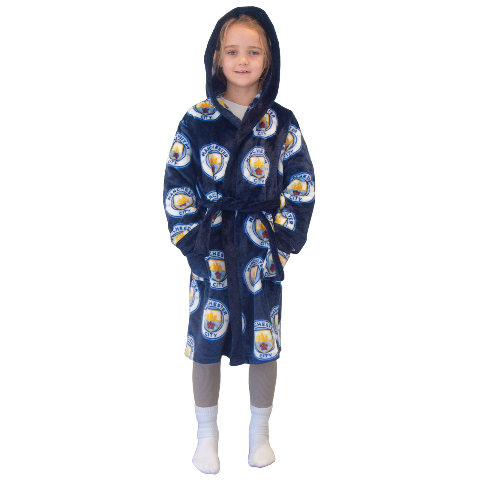Manchester City FC Official Soccer Gift Boys Hooded Fleece Dressing Gown Robe - Picture 9 of 17