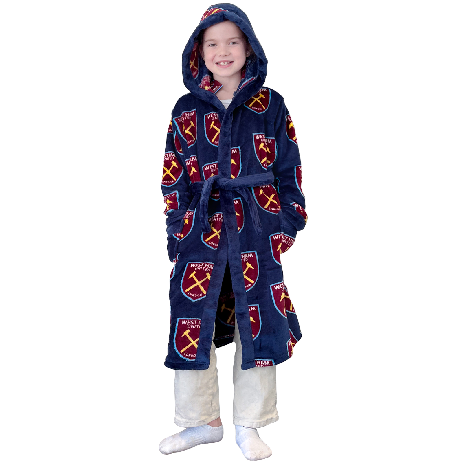 West Ham United FC Official Soccer Gift Boys Hooded Fleece Dressing Gown Robe - Picture 8 of 9