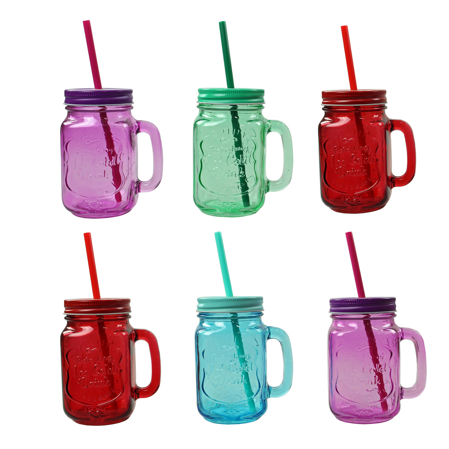 6 COLORED JAM JAR GLASSES HANDLE STRAW MASON JUICE DRINK 400ML GLASS