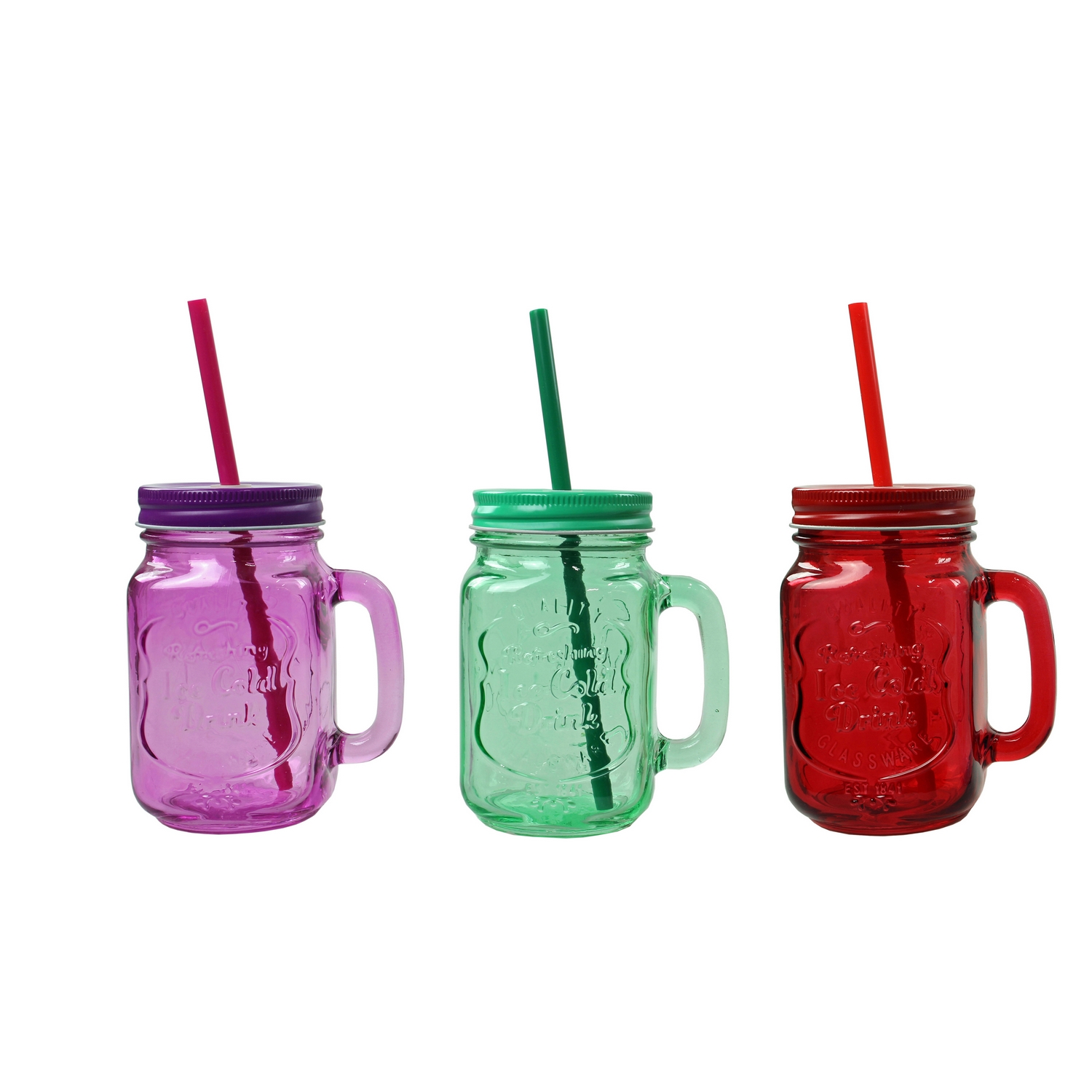 6 COLORED JAM JAR GLASSES HANDLE STRAW MASON JUICE DRINK 400ML GLASS