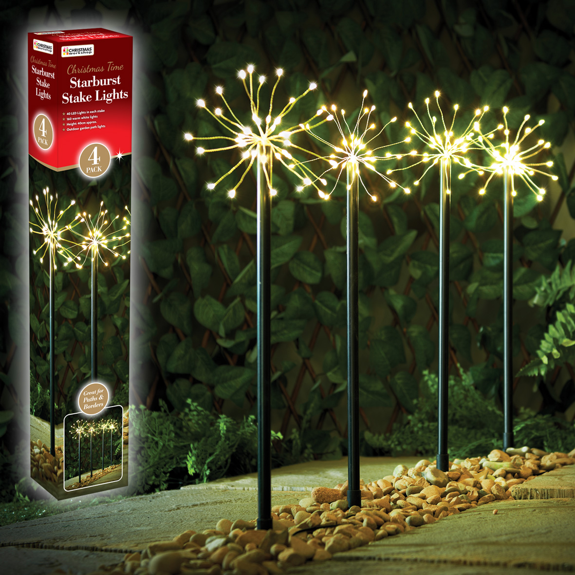 Set of 4 Firework Style Christmas Starburst Lights Outdoor Path 50cm