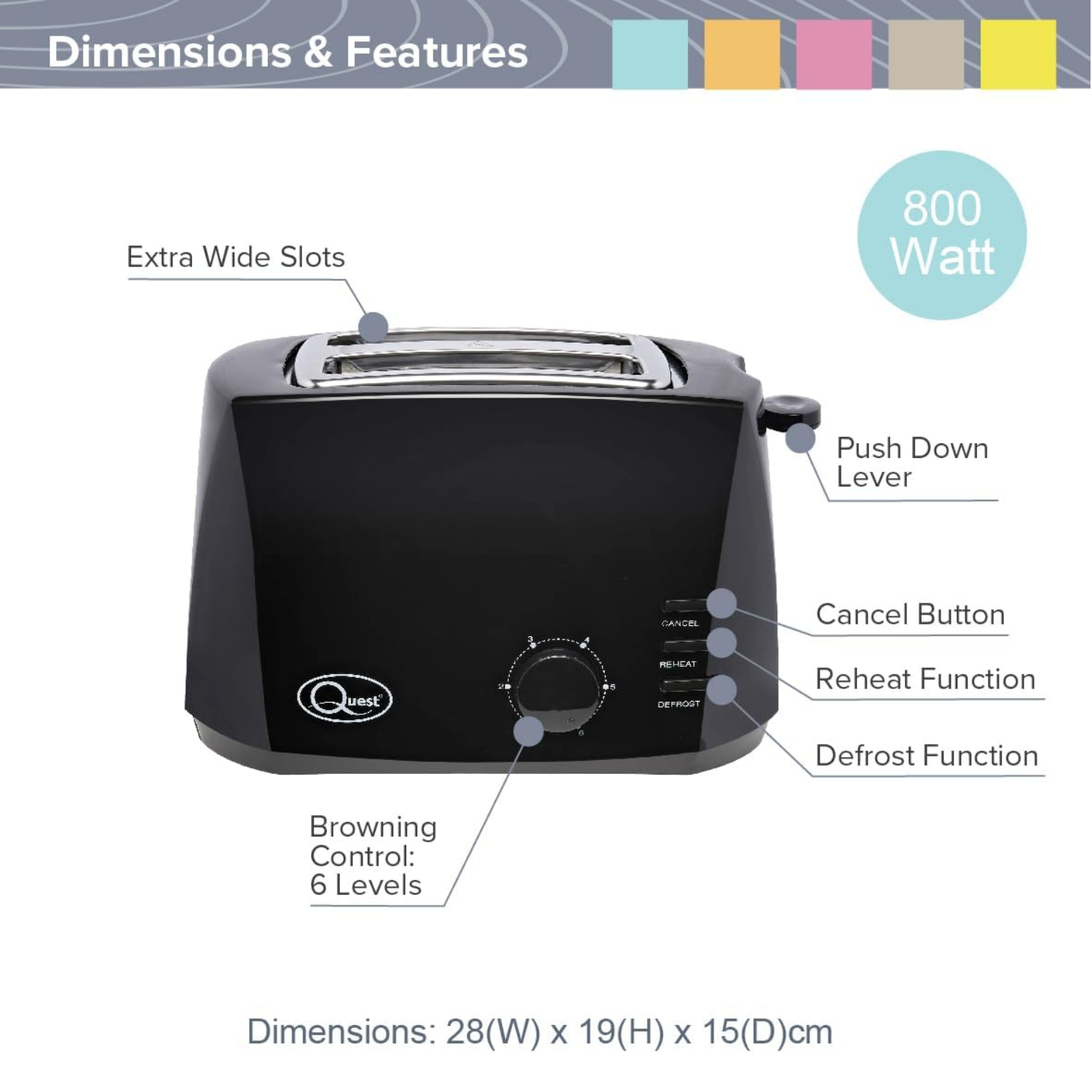 Quest Grille-pain 2 tranches larges fentes réchauffer dégivrage 6 brunissement blanc noir gris - Photo 5/28