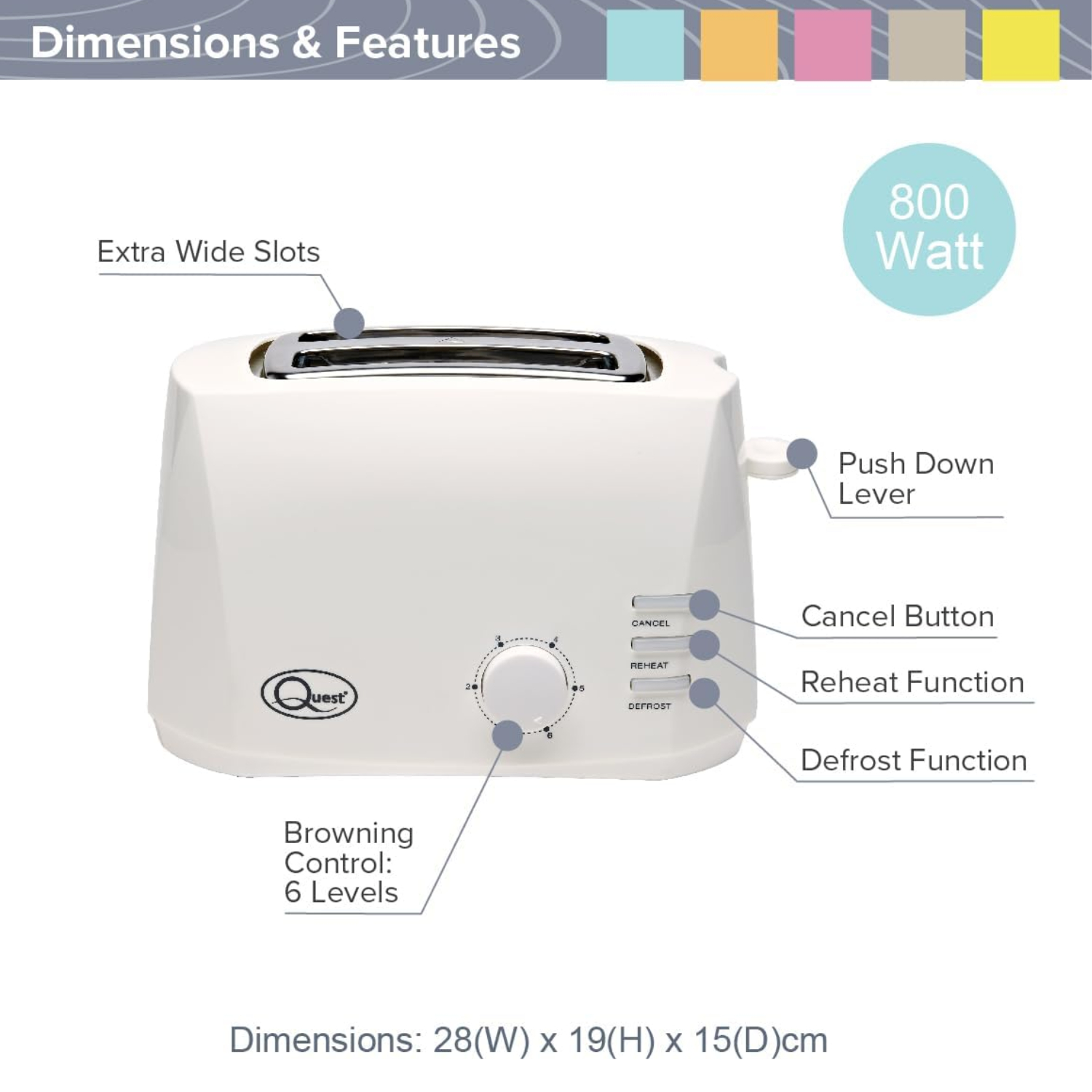 Quest Grille-pain 2 tranches larges fentes réchauffer dégivrage 6 brunissement blanc noir gris - Photo 24/28