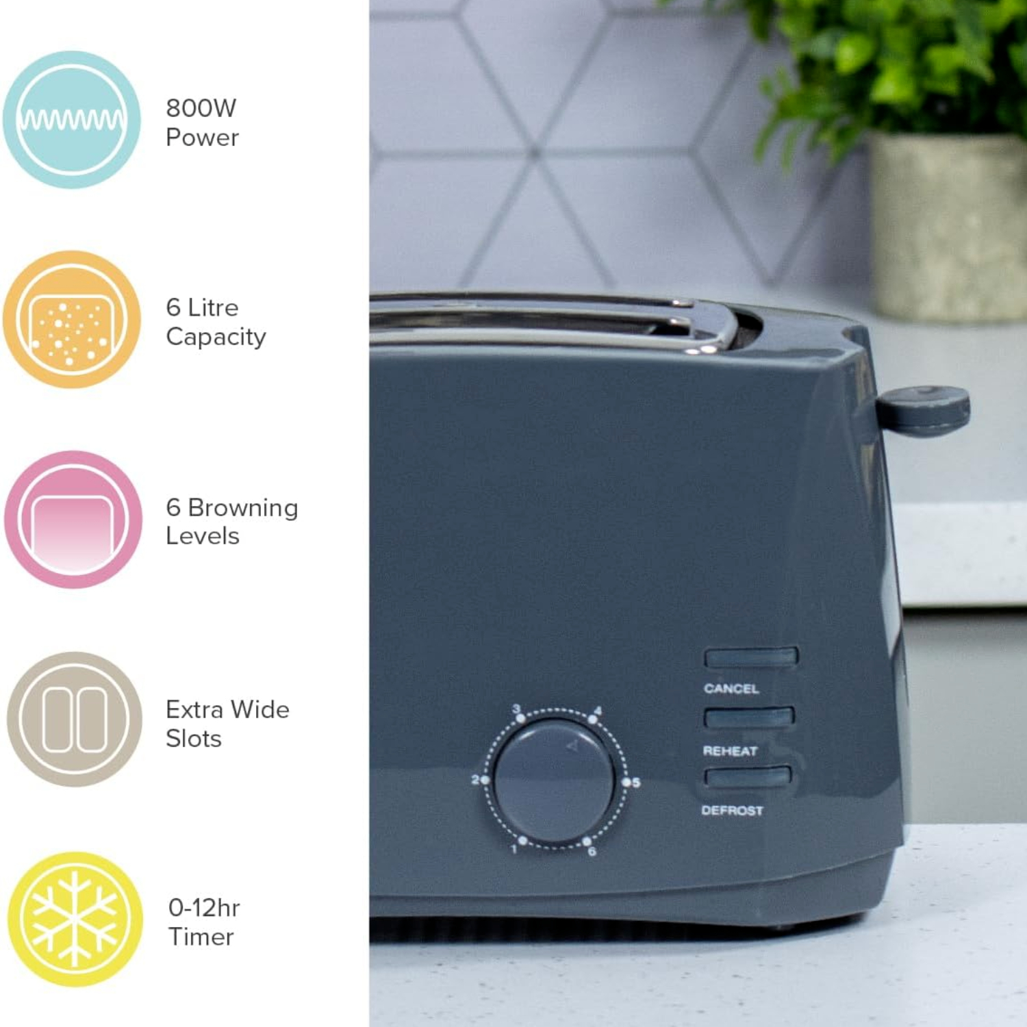 Quest Grille-pain 2 tranches larges fentes réchauffer dégivrage 6 brunissement blanc noir gris - Photo 15/28