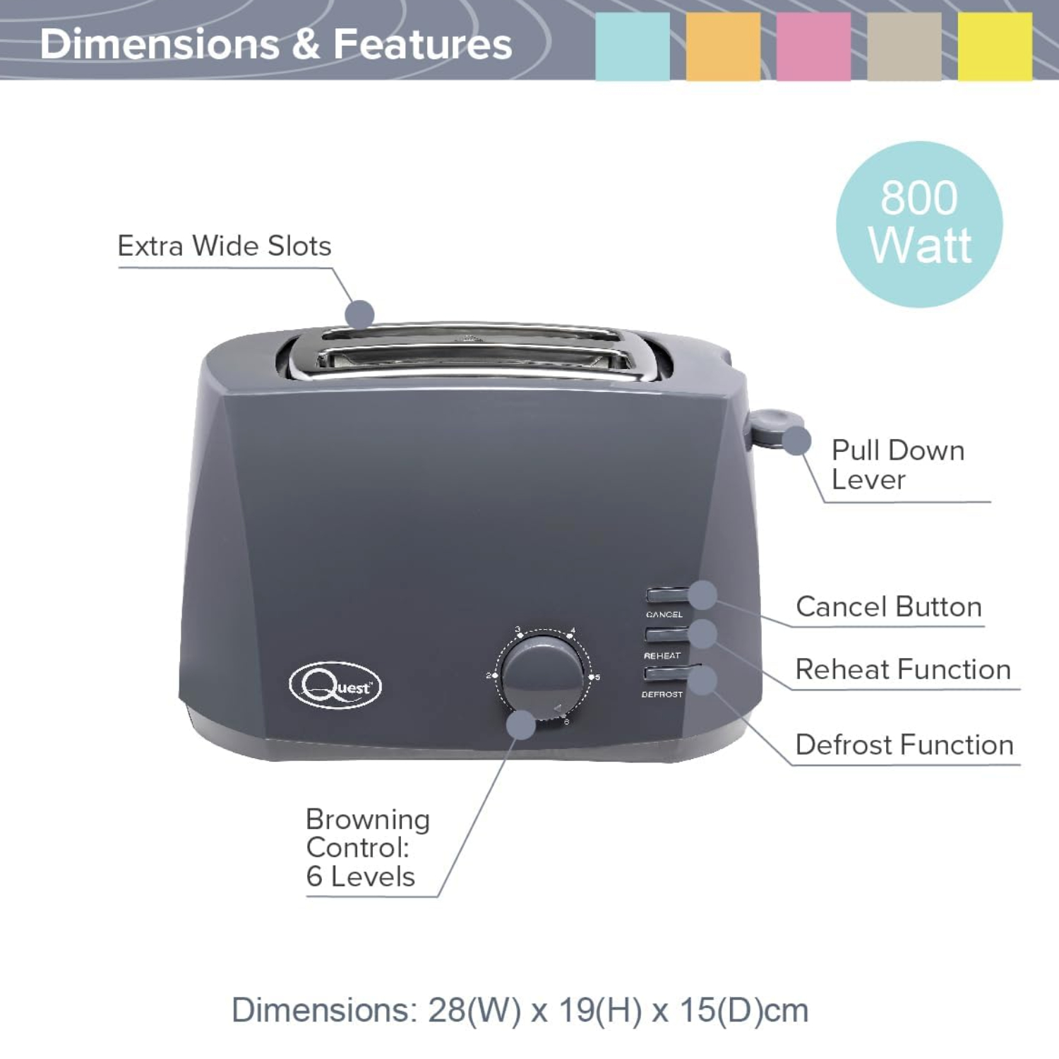 Quest Grille-pain 2 tranches larges fentes réchauffer dégivrage 6 brunissement blanc noir gris - Photo 19/28