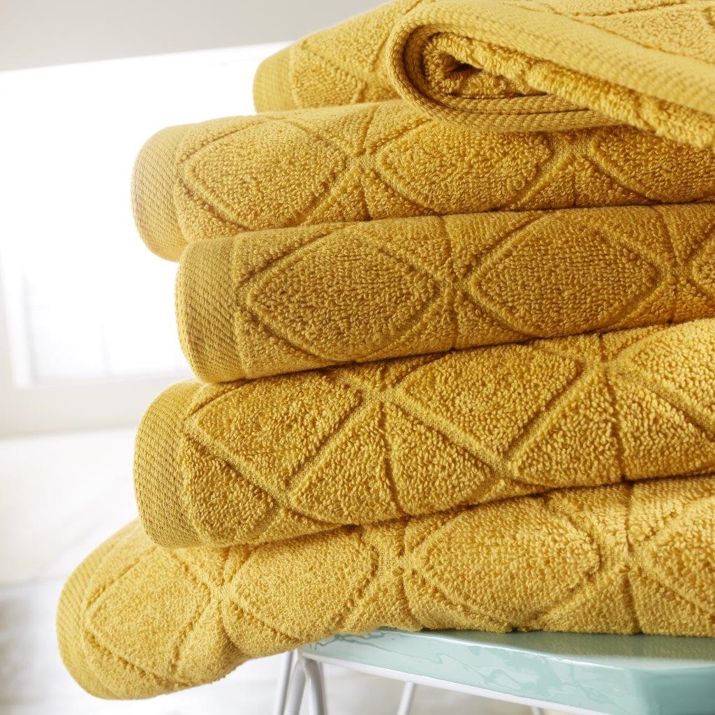 Bright Geo Ochre Yellow Bath Towel 100 Cotton Geometric Diamond Towel
