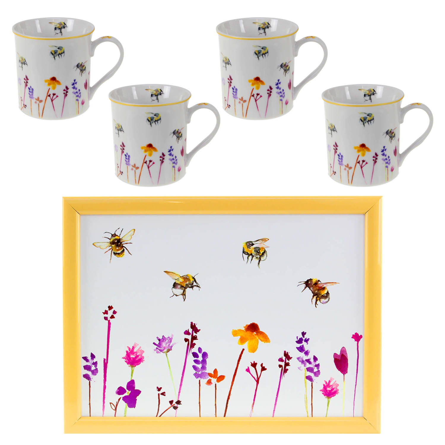 Bees & Flowers 1pc Cushioned Laptray And 4pcs Mugs Cups Set Watercolour Floral