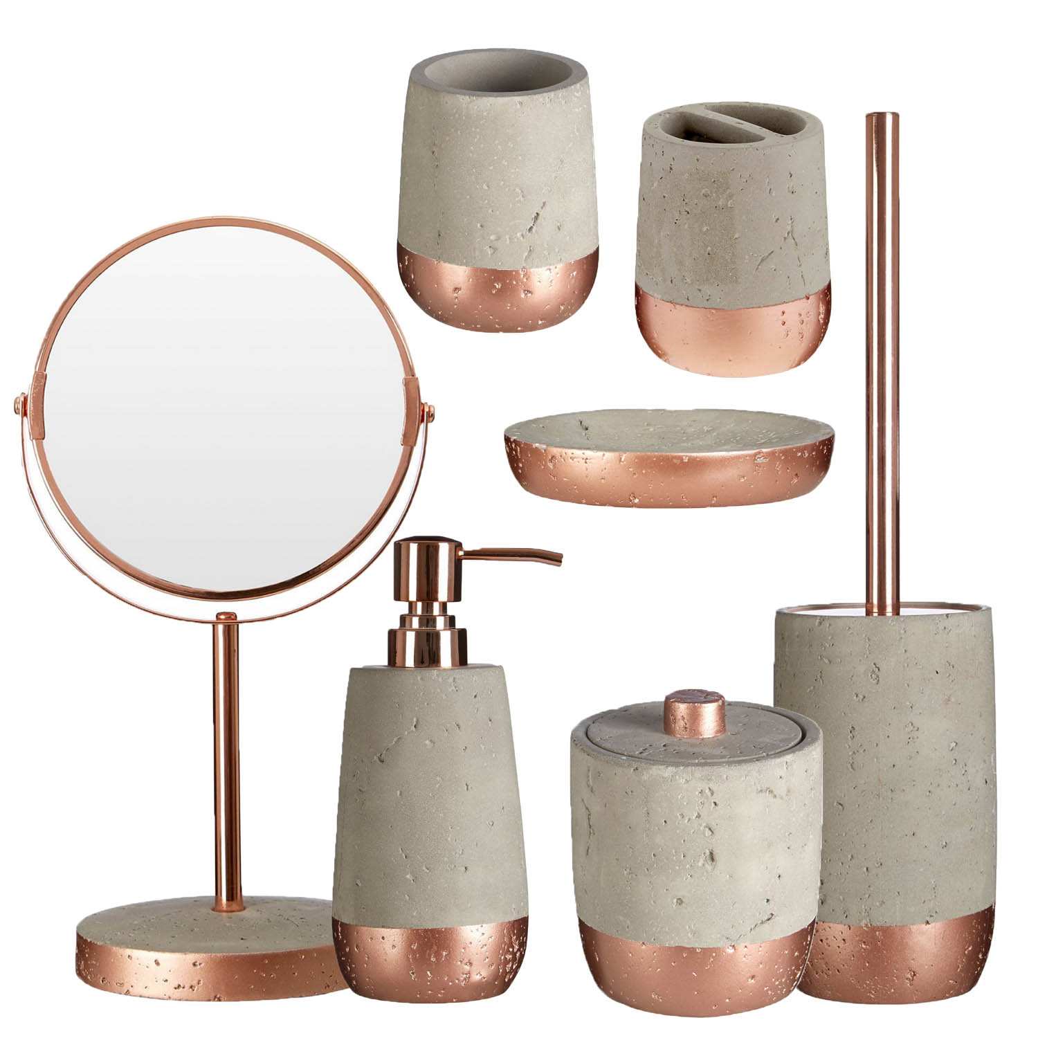 Set of 7 Neptune Copper Concrete Grey Bathroom Accessories Organisers