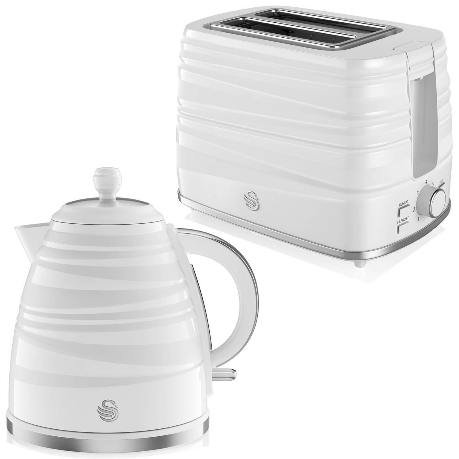 Set Of 2 Swan Electric Cordless Kettle White 1.7 Litre 3kw Kettle & 2 Slice