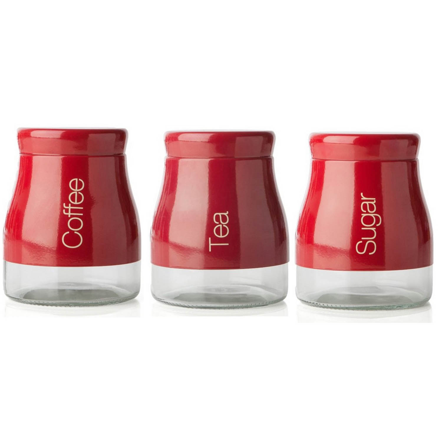 Set Of 3 Red Coffee Tea Sugar Canisters Storage Jars Glass Stainless