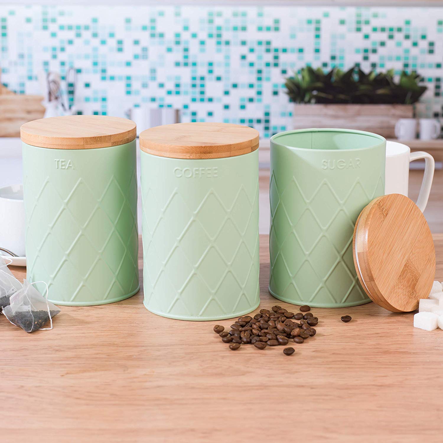 Set Of 3 Salter Mint Green Coffee Sugar Tea Canisters Bamboo Lid Carbon
