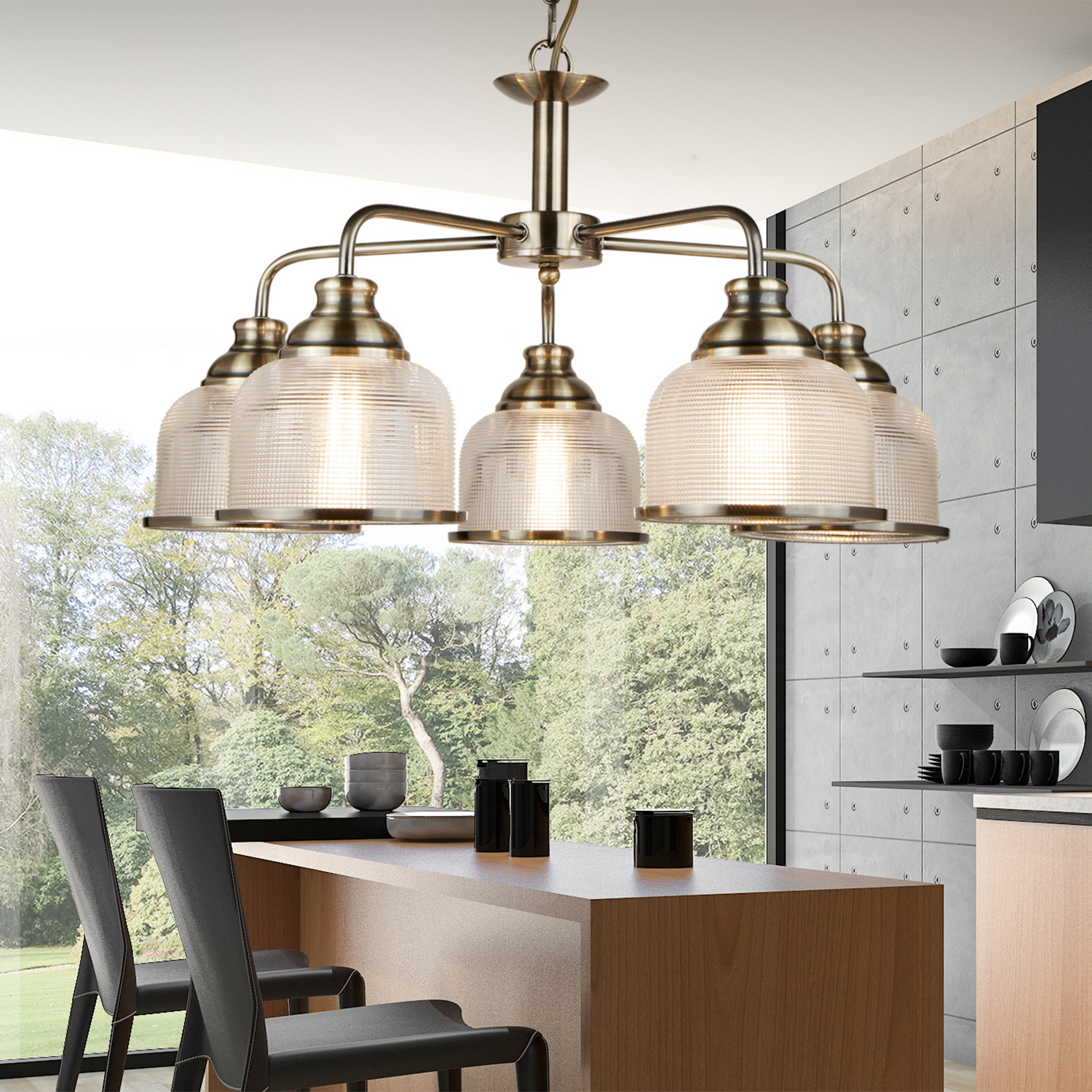 CHANDELIER traditional aged brass with halophane glass shades CHANDELIER traditional aged brass with halophane glass shades