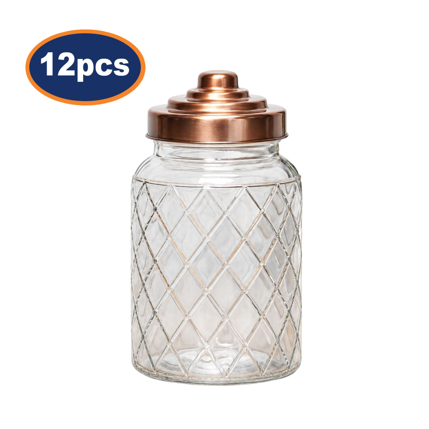 Storage Glass Jar 1L Set of 12 Airtight Copper Screw Lid Diamond Food Canister