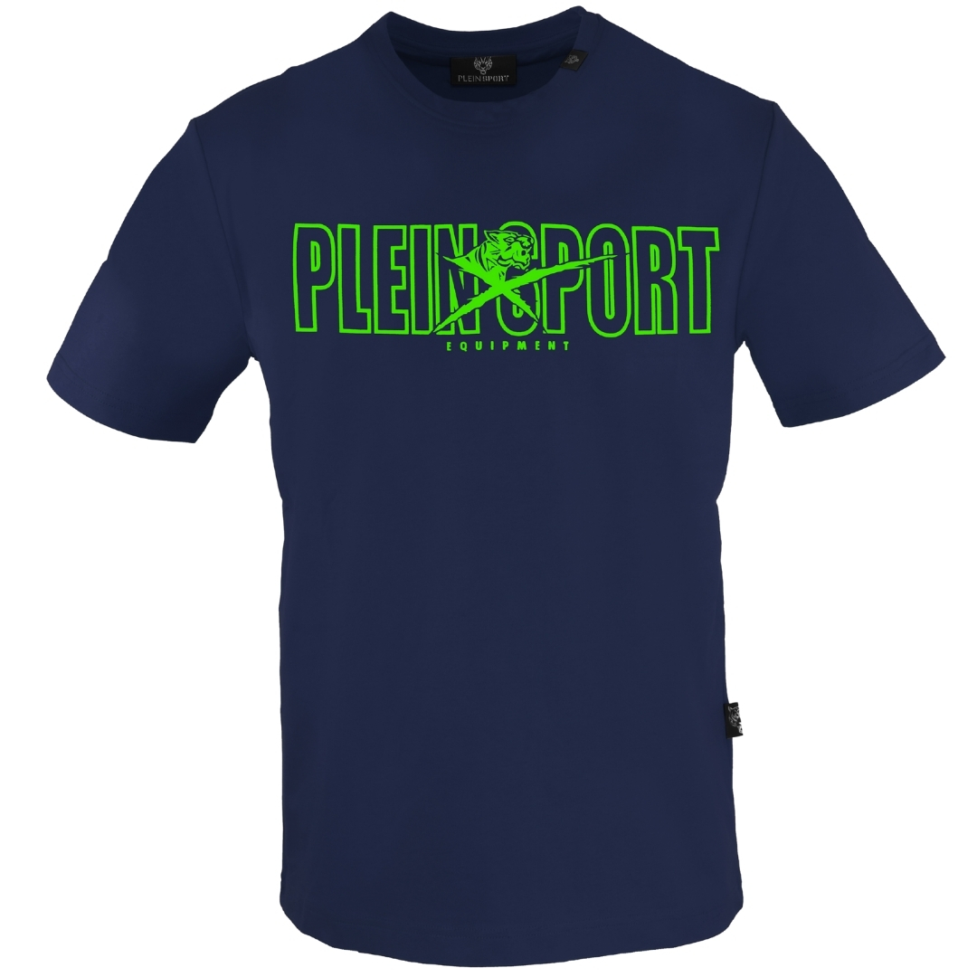 Футболка с ярким фирменным логотипом Plein Sport темно-синего цвета