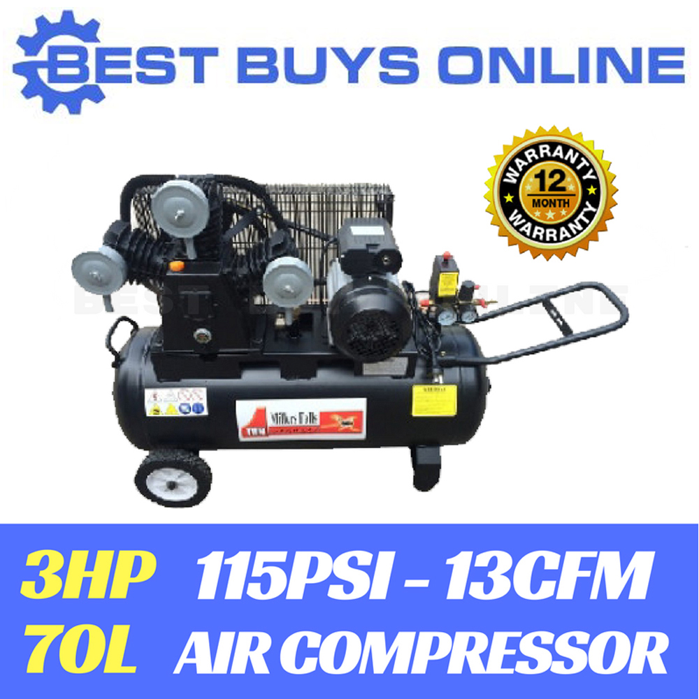 Air Compressor 3 HP Electric Motor Belt Driven 3 Cylinder 70 Litre