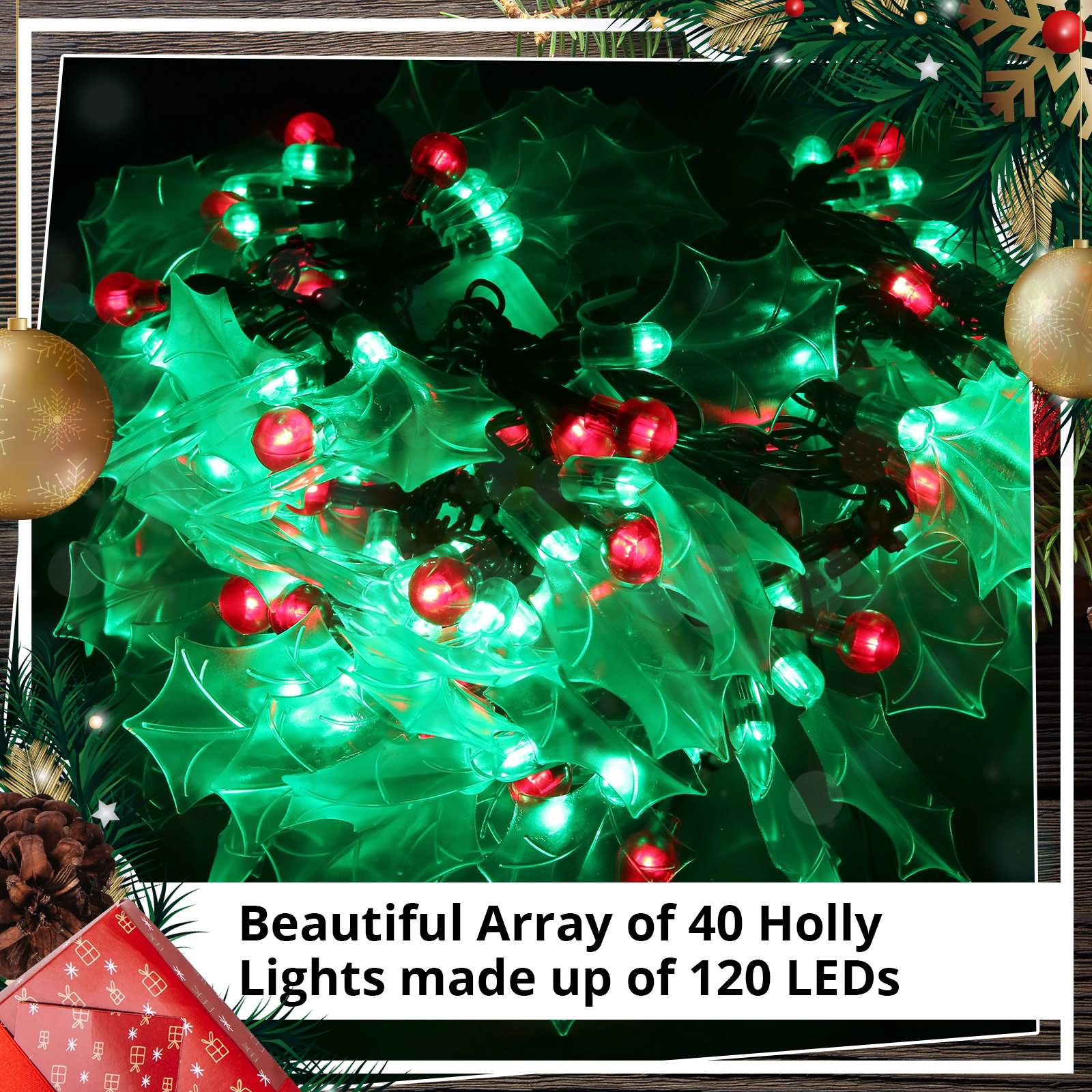 Christmas Lights 120 LED String Holly Leaves Xmas Outdoor Garden Tree