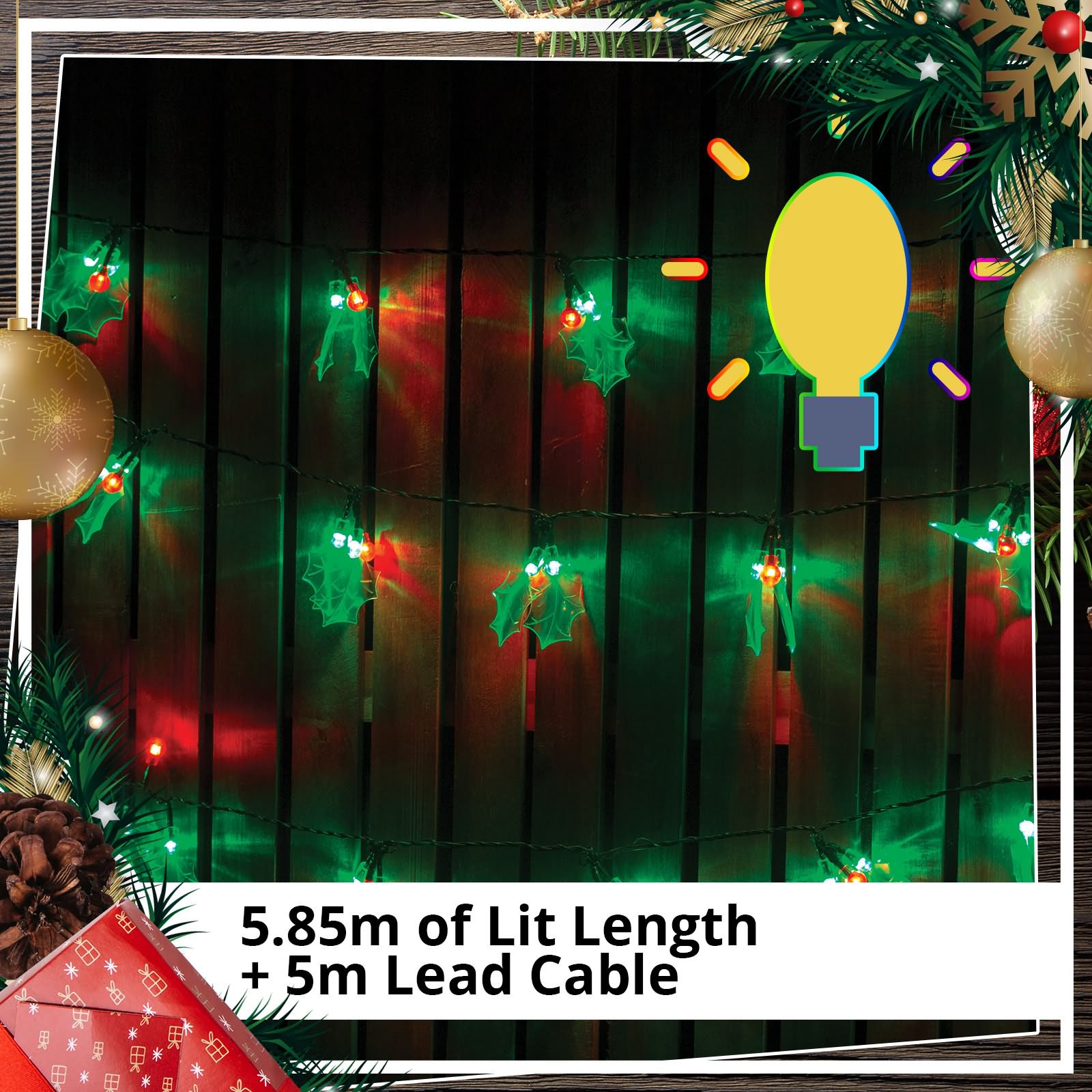 Christmas Lights 120 LED String Holly Leaves Xmas Outdoor Garden Tree