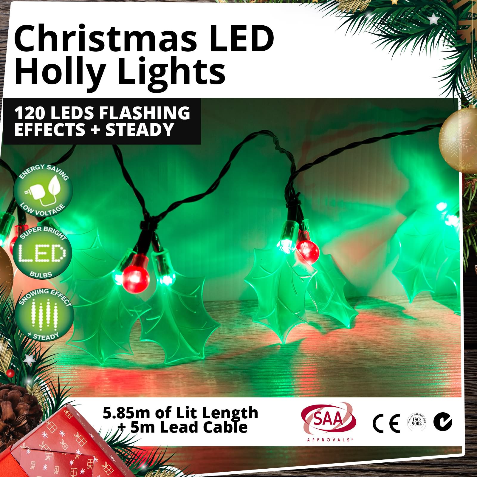 Christmas Lights 120 LED String Holly Leaves Xmas Outdoor Garden Tree
