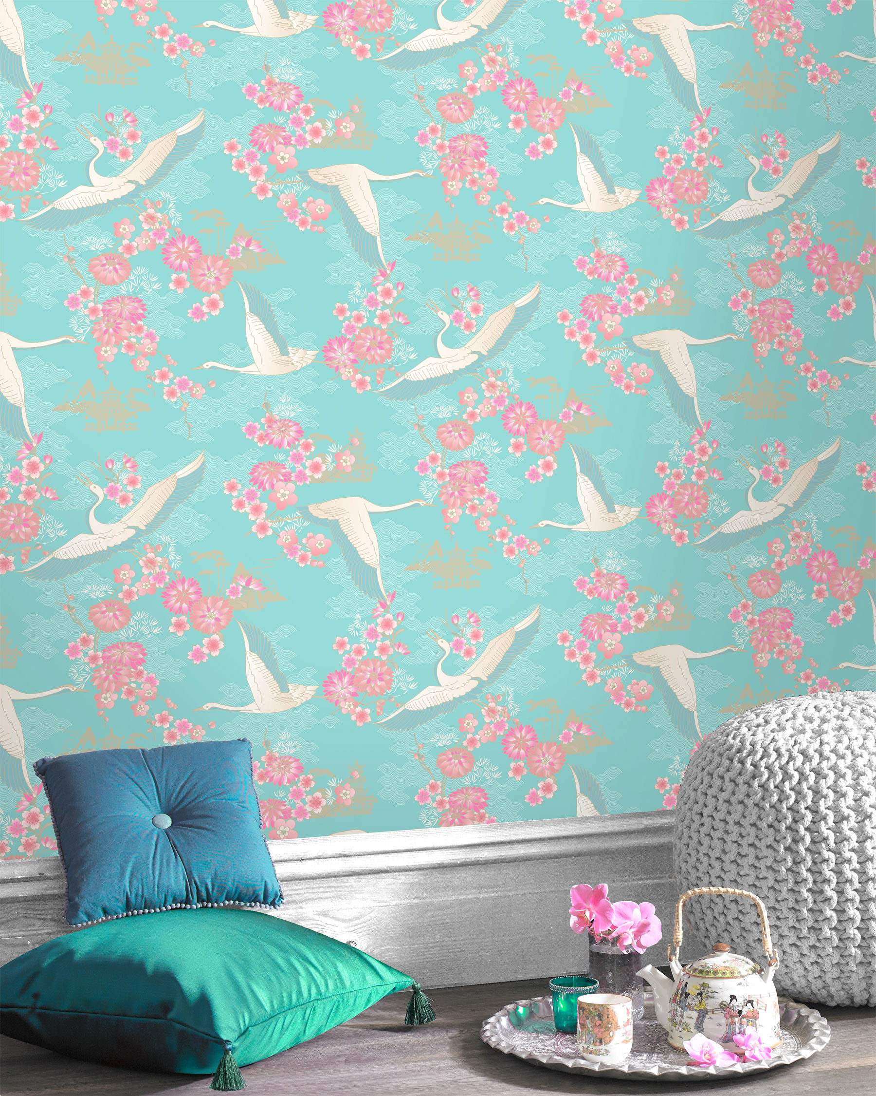 New Rasch Birds Flowers Floral Temple Oriental Metallic Shiny Wallpaper