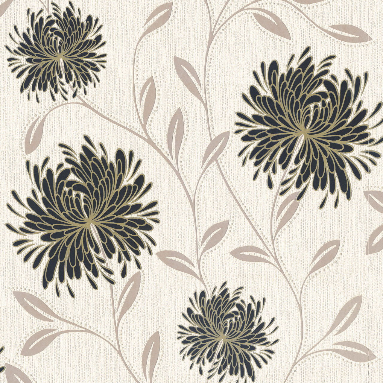 Flowers Wallpaper Floral Textured Vinyl Glitter Cream Silver Gold Black Dahlia