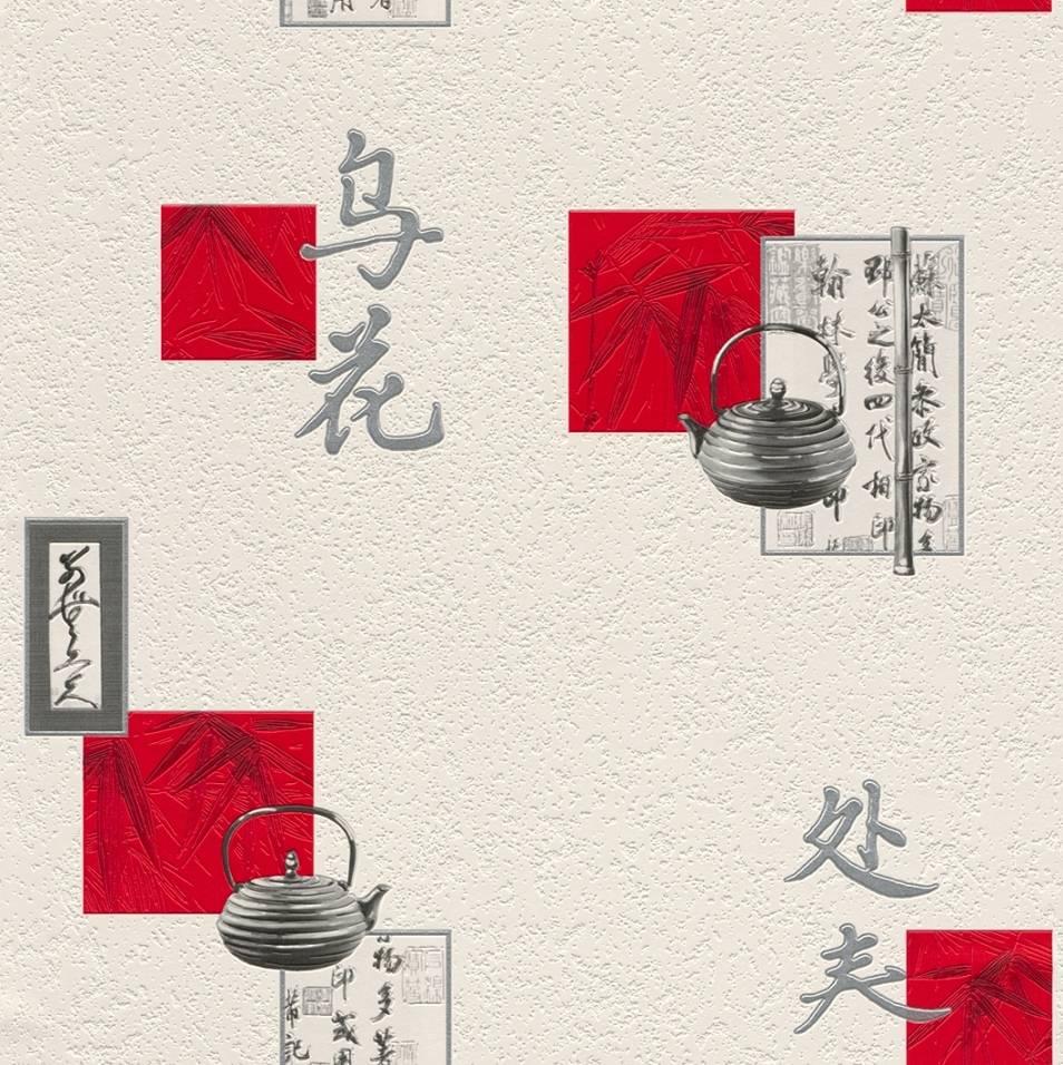 Oriental Chinese Vinyl Wallpaper Kitchen Textured Washable White Red