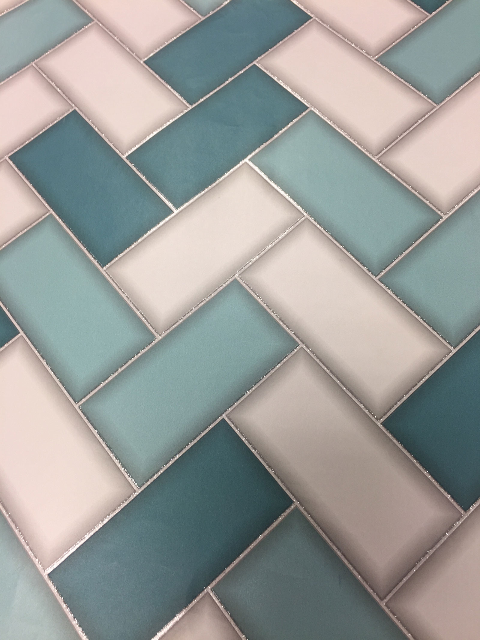 Teal Grey 3D Tile Chevron Effect Wallpaper Geometric Glitter Sparkle