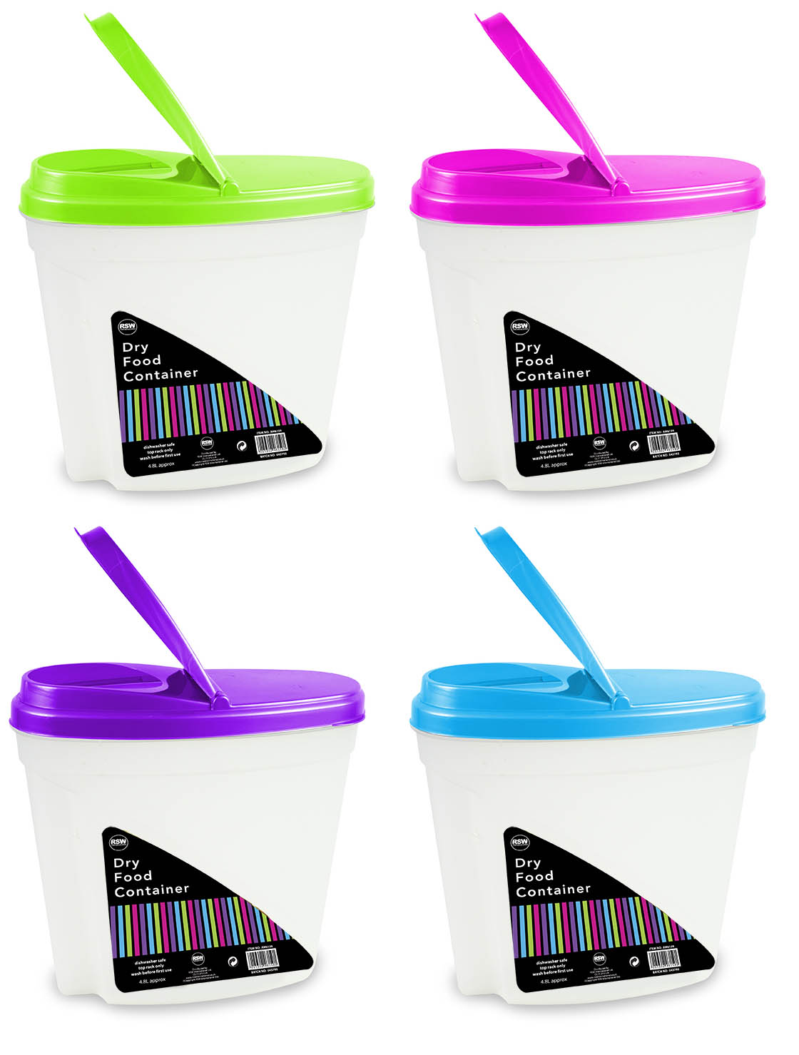 Pack of 4 dry food storage container with fliptop lid 4.8 Litre