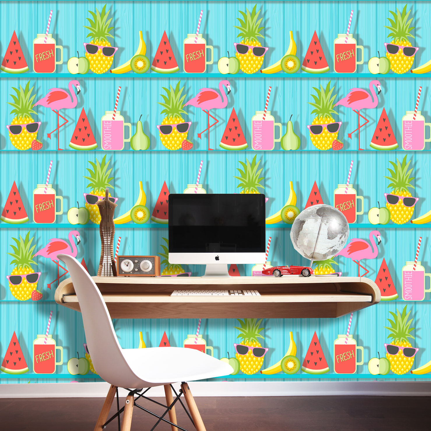 Tropical Wood Shelves FineDecor Kids Wallpaper Grey FD42211 Fruit Coctail