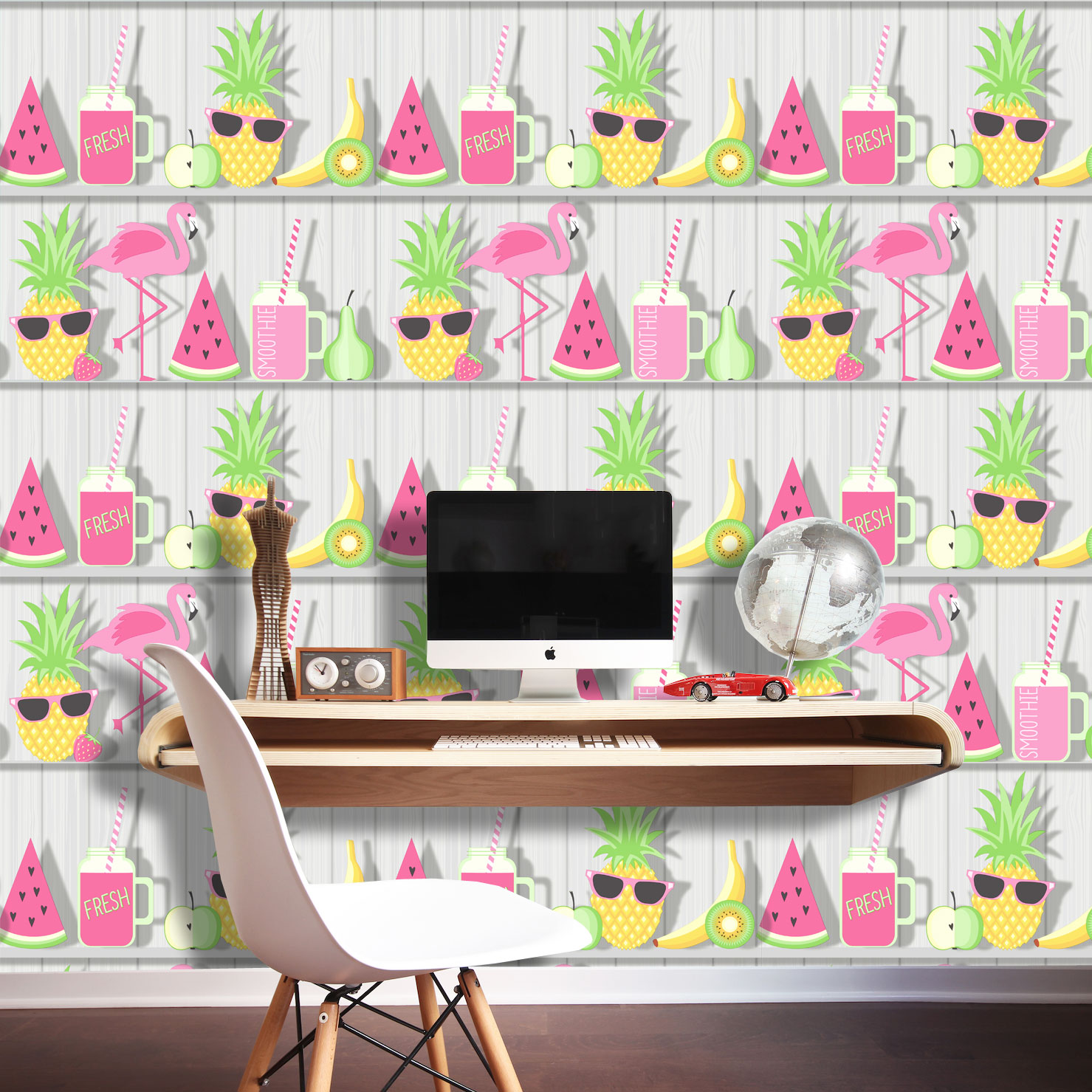 Tropical Shelves Wallpaper Flamingo Watermelon Cocktails ...