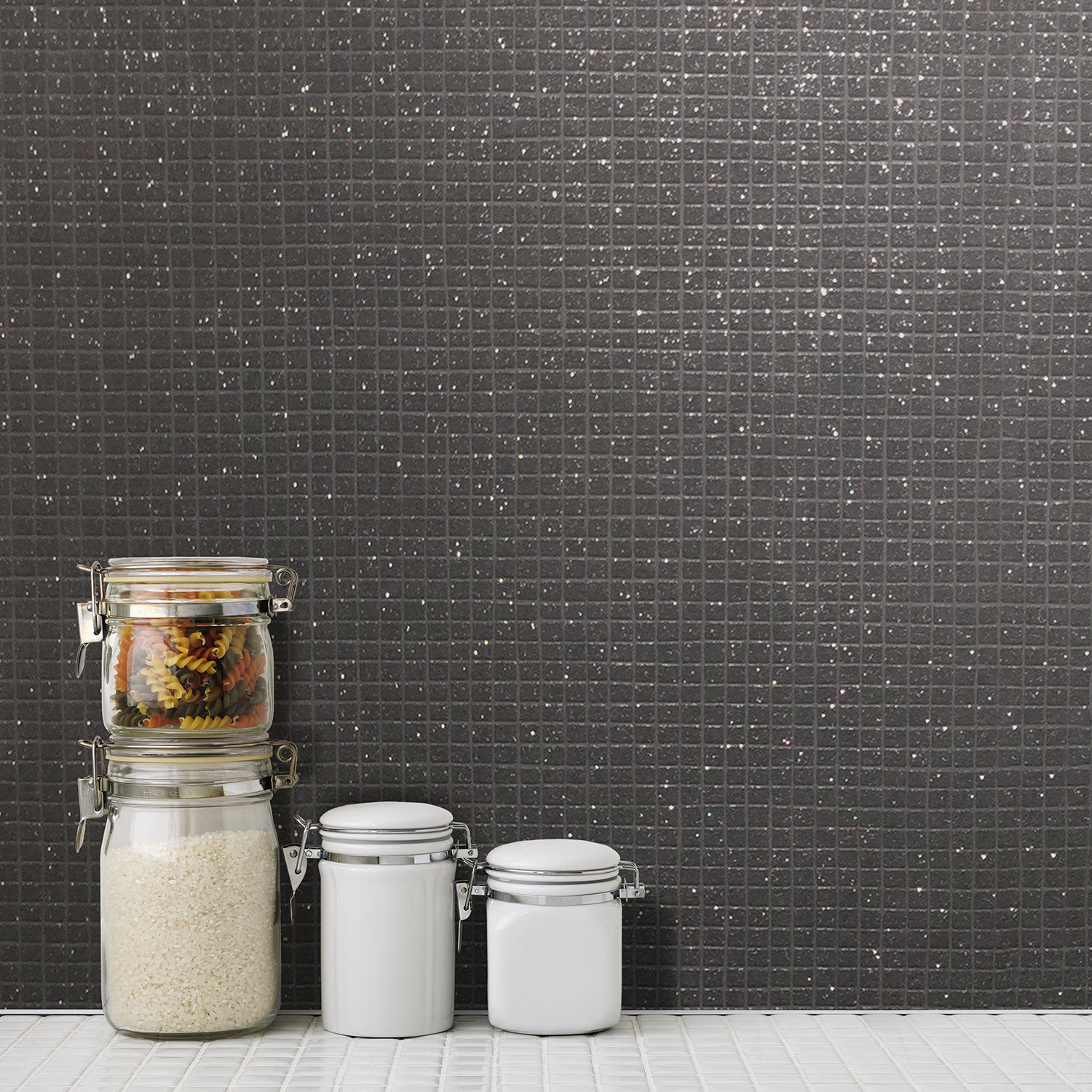 Tile Wallpaper Mosaic Glitter Effect Black Grey Kitchen Bathroom