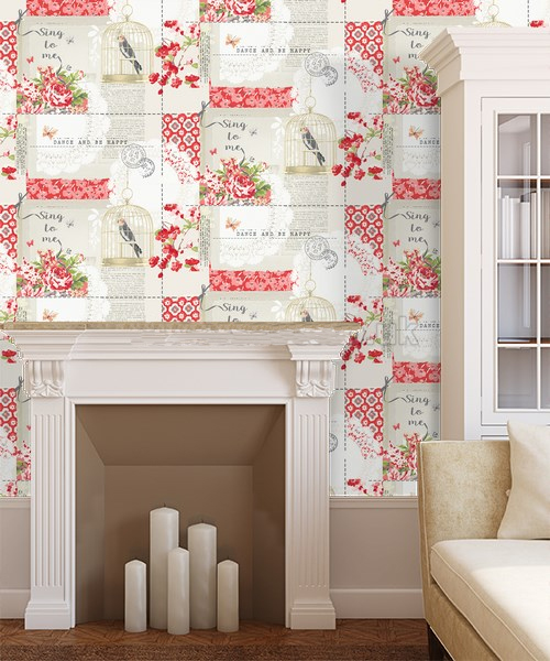 Arthouse Sing To Me Feature Wallpaper Beige Birds Shabby Chic Metallic Silver