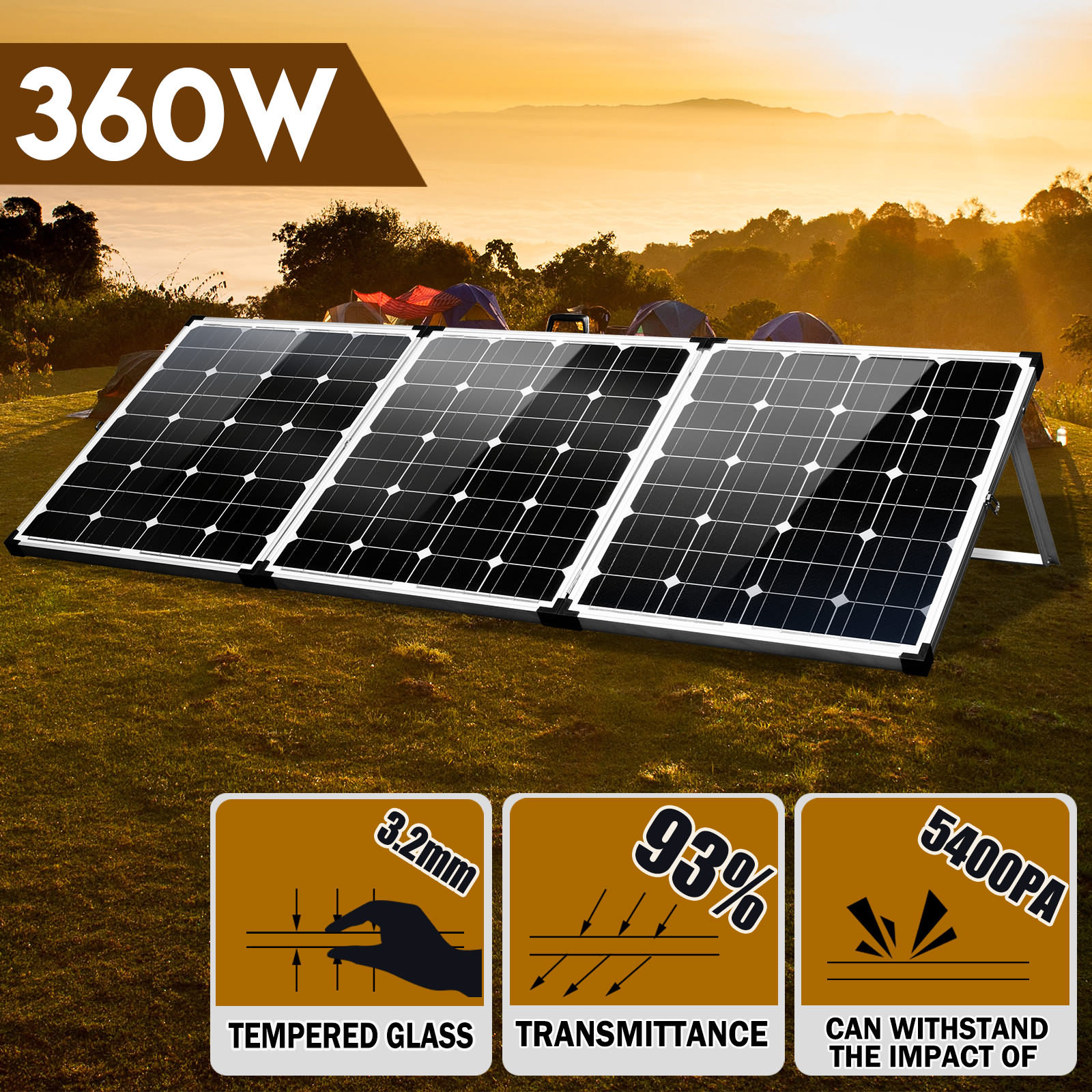 12V Folding Solar Panel 360W Monocrystalline Caravan Boat Camping ...