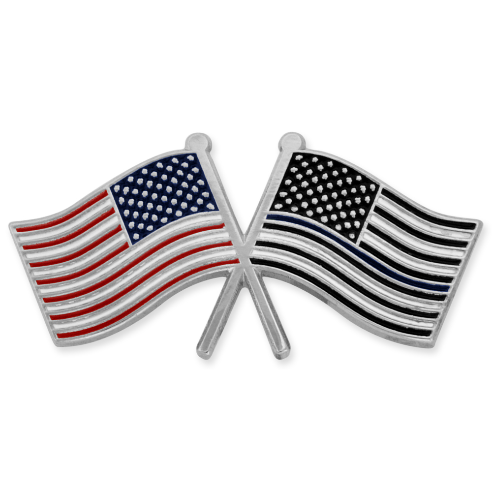 Police Thin Blue Line Flag and USA Flag Pin