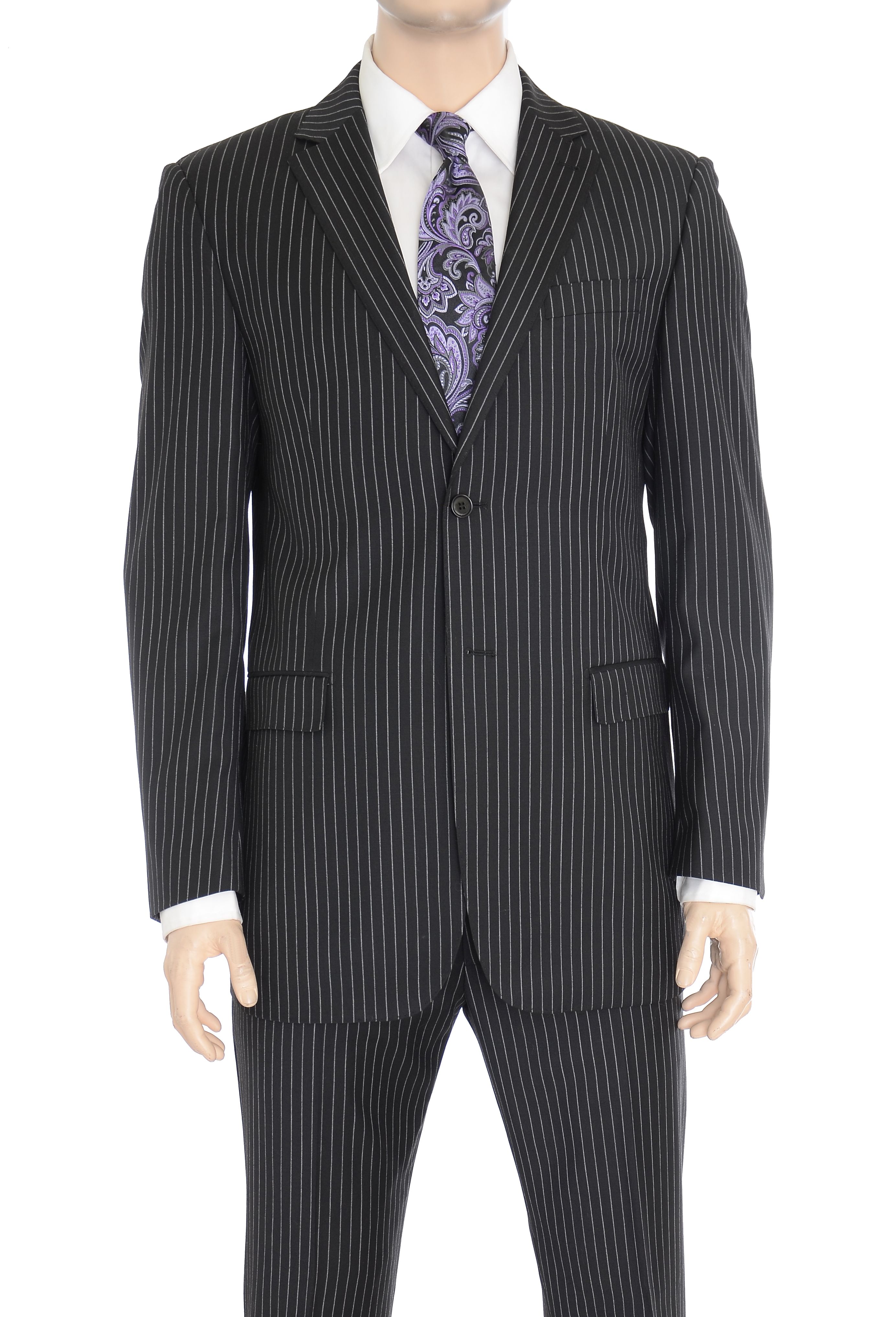 modern fit black pinstriped two button wrinkle resistant wool