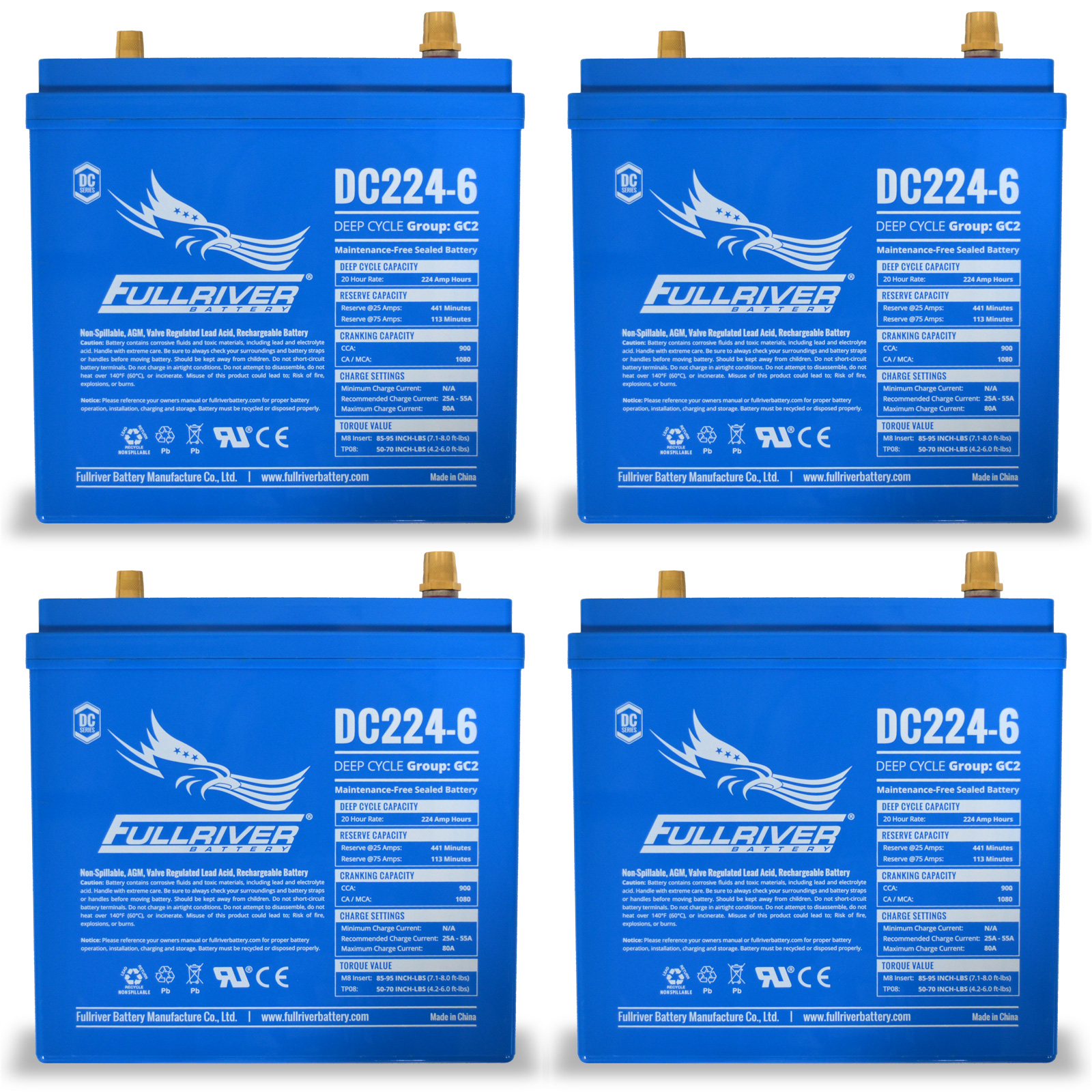 4pc Fullriver Group GC2 6V 224Ah T 105 Deep Cycle AGM Sealed Lead Acid 