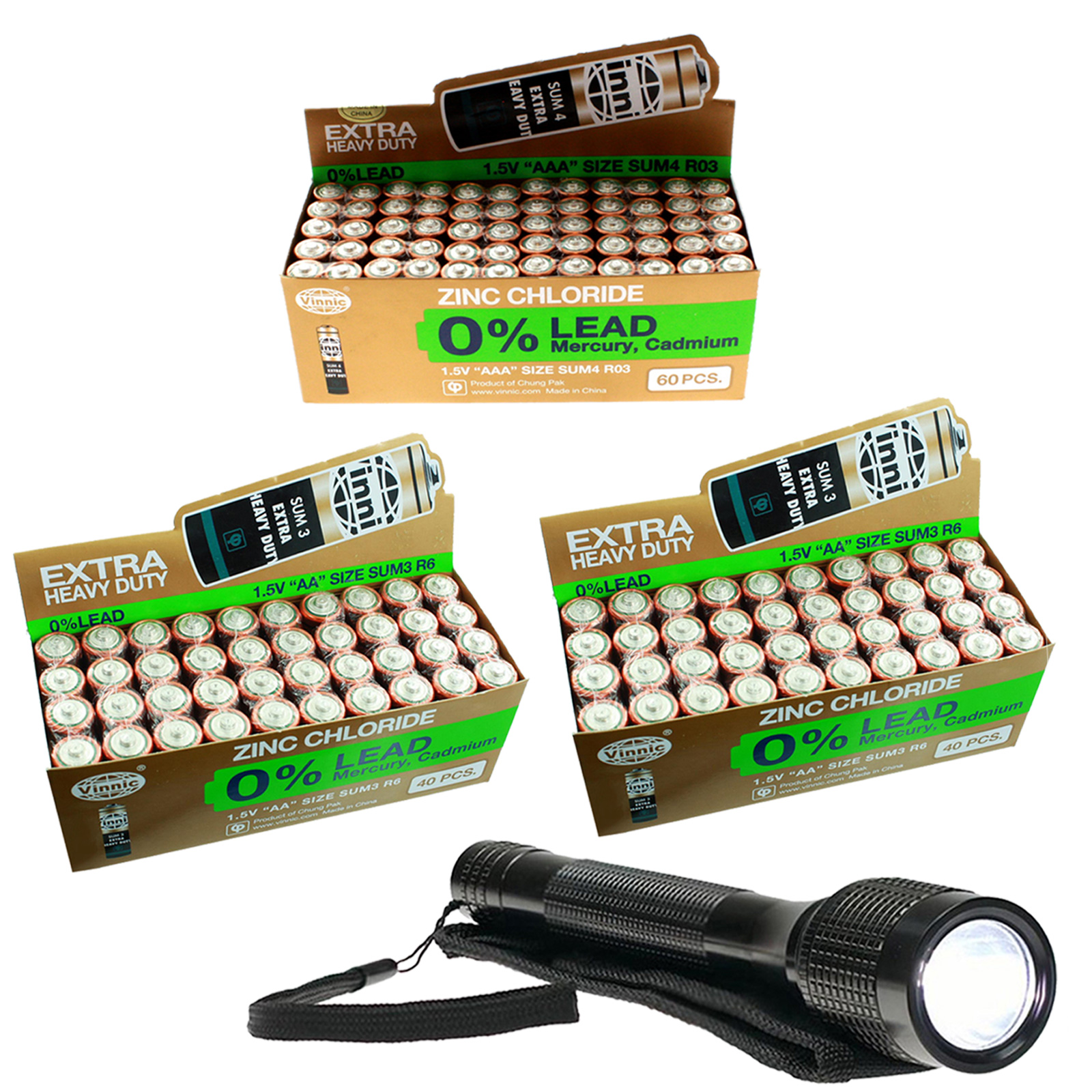 140PC Heavy Duty Batteries Kit Sizes AAA, AA Plus 140 LUMEN FLASHLIGHT