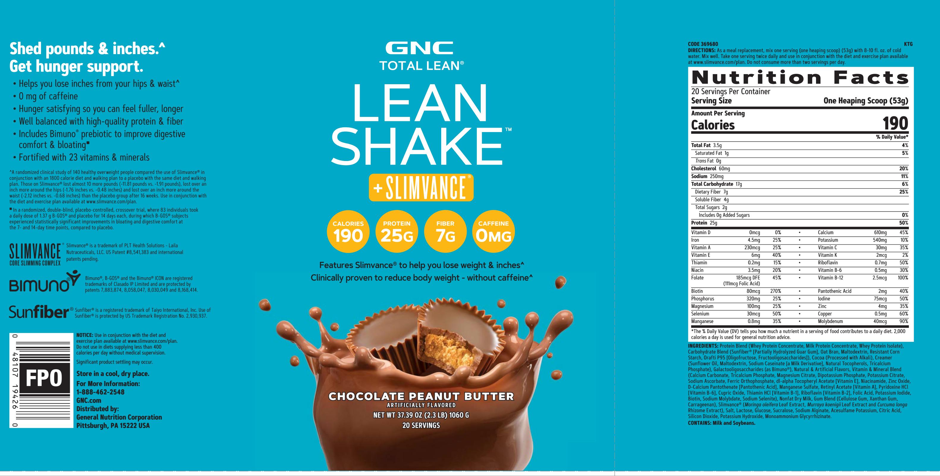 GNC Total Lean Lean Shake Slimvance Non Stim Chocolate Peanut Butter
